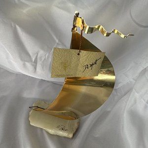 Vintage DeMott Signed Brass Metal Sail Boat Sculpture Marble Base Nautical
